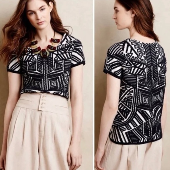 Anthropologie Moth Dahlia Jaquard Navy Knit Top - Picture 1 of 7